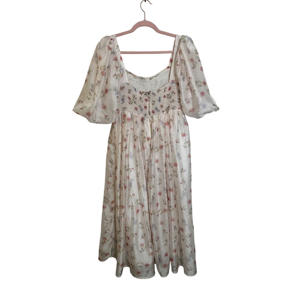 Worth Collective Harlow Smocked Midi Dress Size M Pink Cream Puff Sleeve Floral - Picture 2 of 9